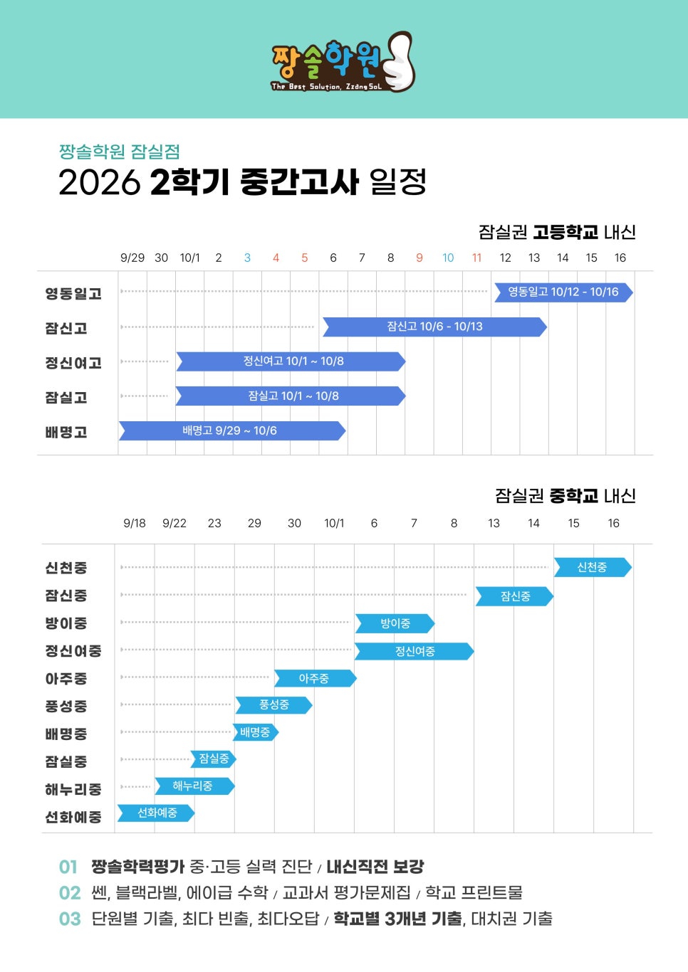2026년 9월 짱솔학원 잠실점 수강안내 2학기 중간고사 대비 시작 첨부 이미지 2