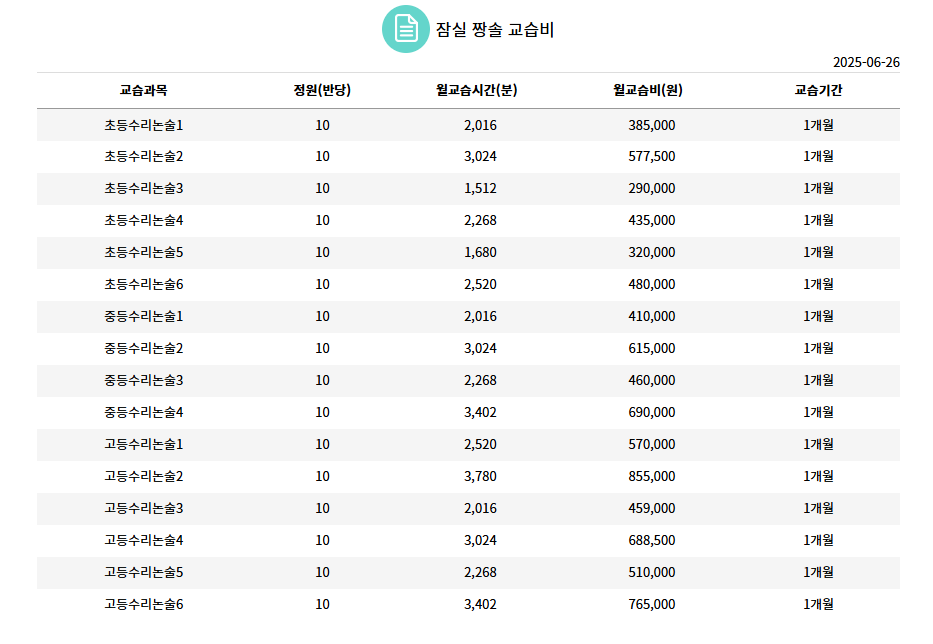 대치동 시스템 잠실짱솔 교습비 첨부 이미지 1